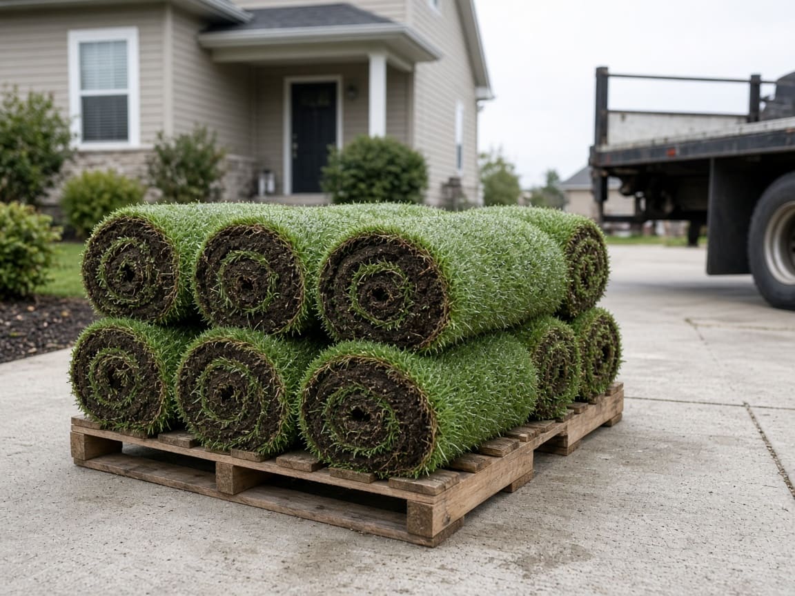 Pallet of freshly rolled sod on a residential driveway beside a delivery truck