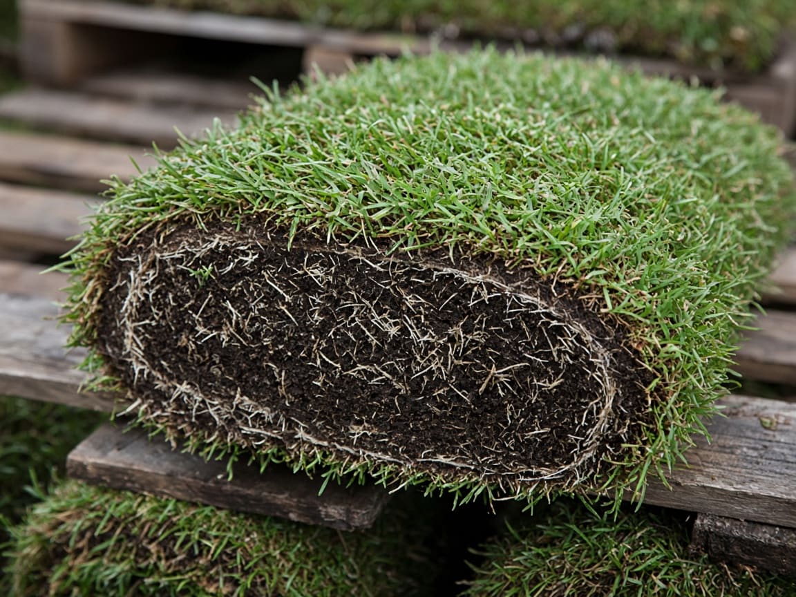 Close-up of a rolled piece of Kentucky Bluegrass sod showing soil and roots